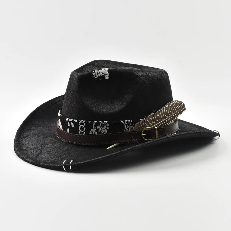 Vintage Faux Leather Western Cowboy Hat For Men Handmade Gentleman Jazz Hats Panama Cowgirl Hat Sombrero Hombre