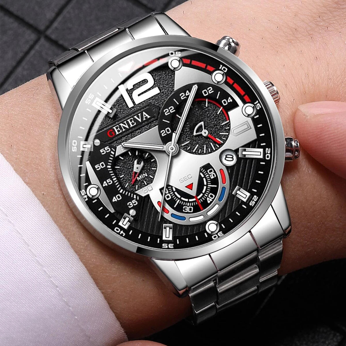 Ansoff men's stainless steel band analog quartz wristwatch with calendar display showing on black dial.