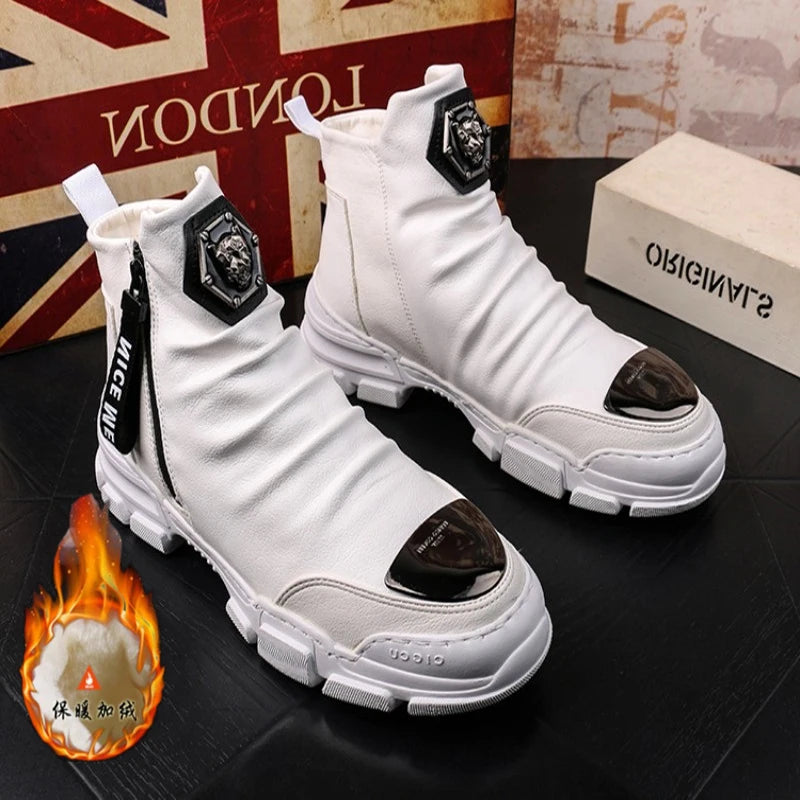 Black men's autumn winter snow boots by Ansoff with high cotton lining, casual leather ankle boot for warmth and comfort.