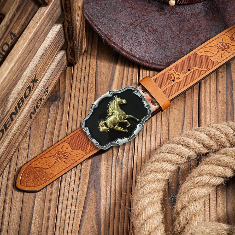 Western men's denim belt by Ansoff with a wild horse buckle, retro style, unisex design, perfect for jeans and casual outfits.
