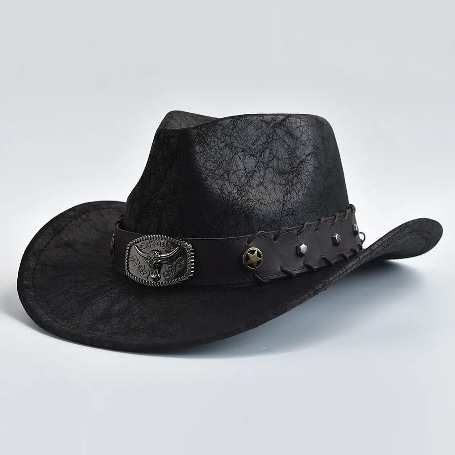 Ansoff Western cowboy hat for men and women, faux leather vintage style with wide brim, perfect for cowgirl or cowboy costumes.