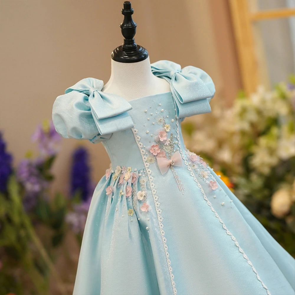 Light blue Ansoff girls' square neck puff sleeve A-line dress with beaded embellishments, perfect for parties and performances.
