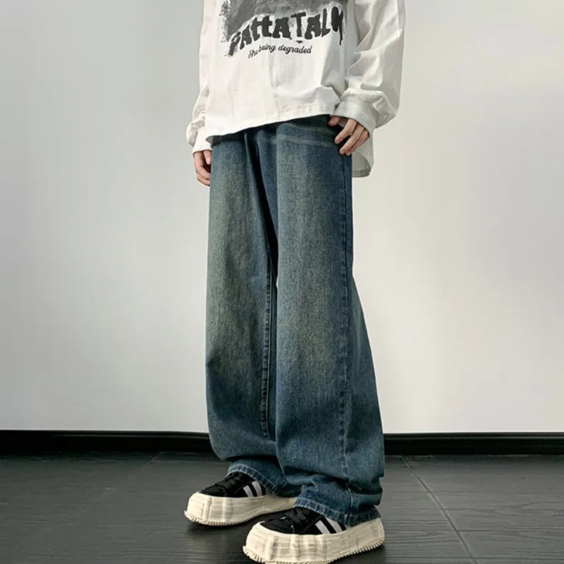 Men's wide-leg denim jeans by Ansoff, loose fit straight-leg blue denim trousers for autumn streetwear fashion.
