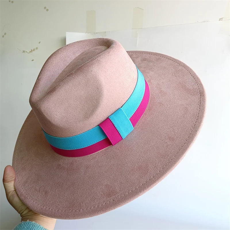 Colorblock ribbon colorful suede women's felt hat with wide brim, British style retro men's gorras, suitable for autumn and winter.