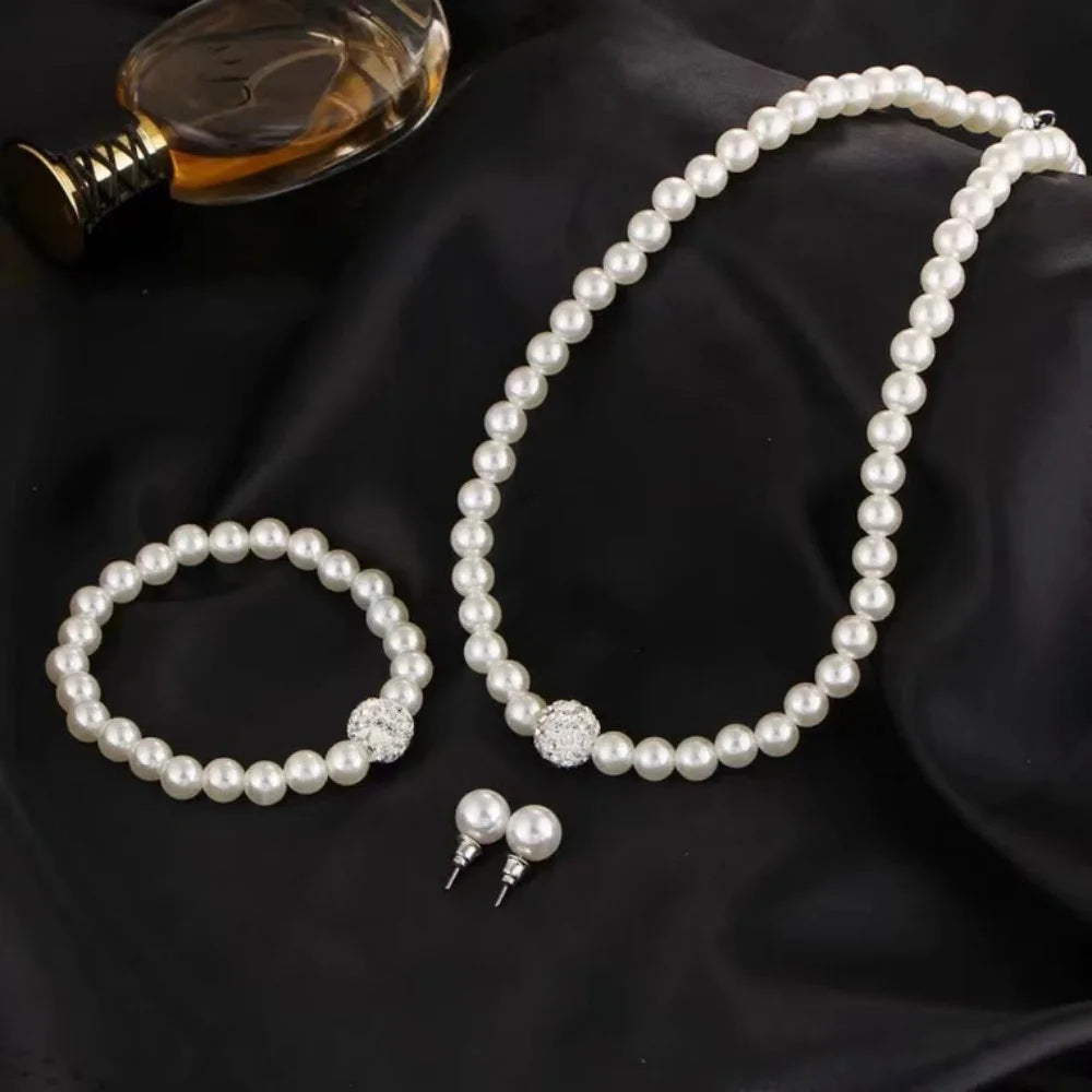 3 PCS Imitation Pearl Fireball Necklace Bracelet Earring Stud Jewelry Set Silver Color Crystal Stone Elegant Bridal Jewelry Gift