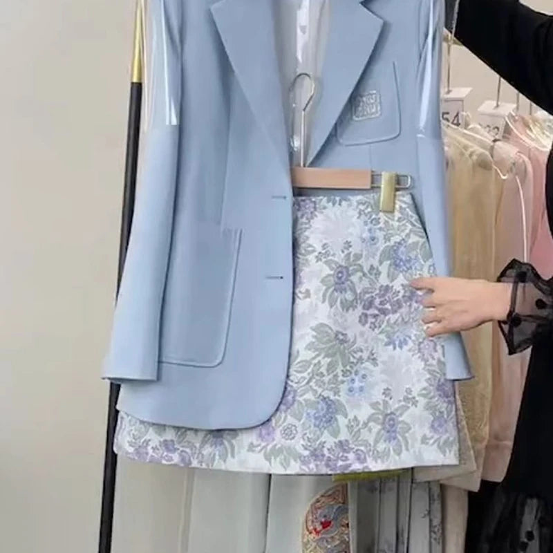 Ansoff blue floral skirt suit set with vest and printed skirt, perfect for spring, featuring a stylish Korean-inspired design.