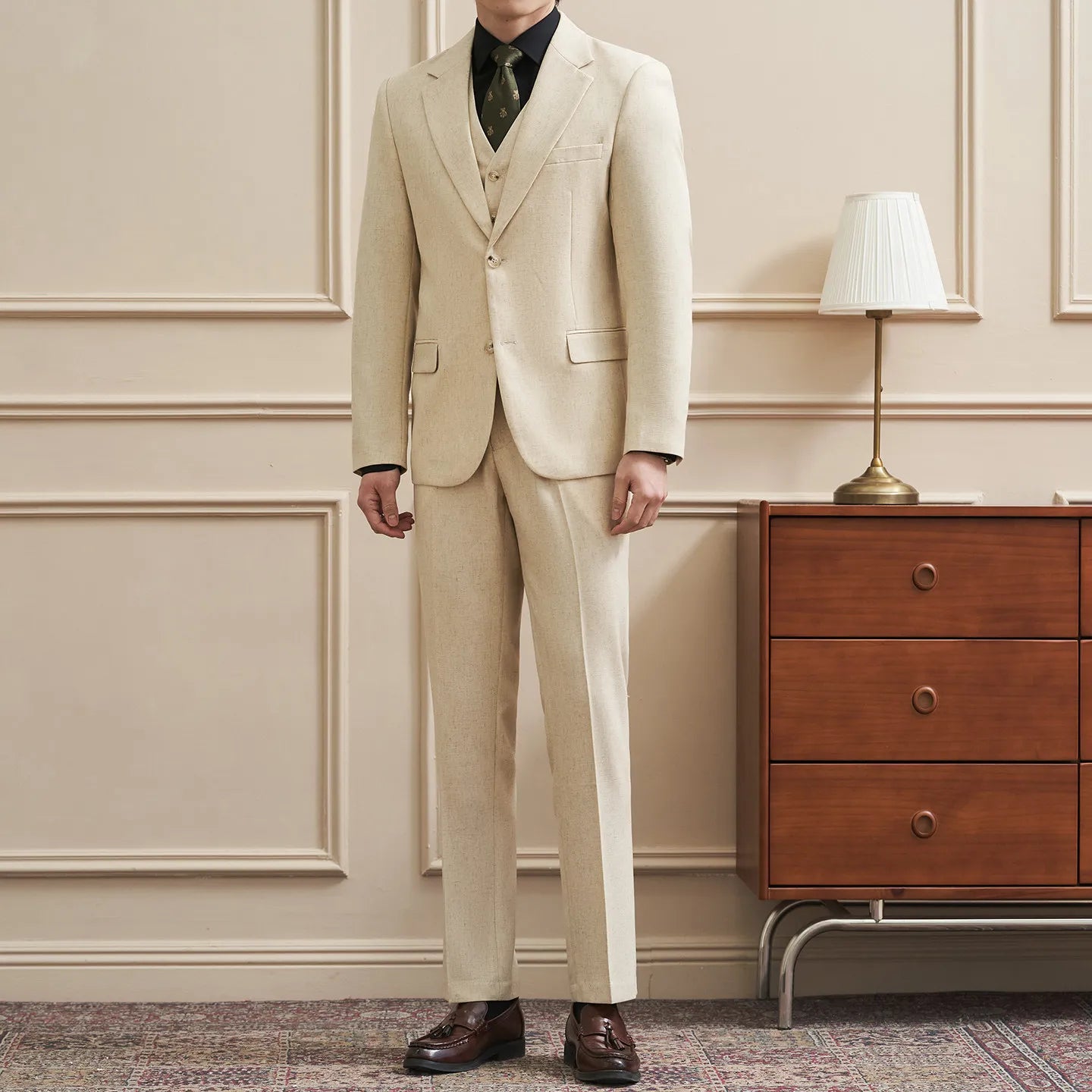 Ansoff men's fitted summer and spring cocktail party wedding suit set with double-button blazer and matching trousers.