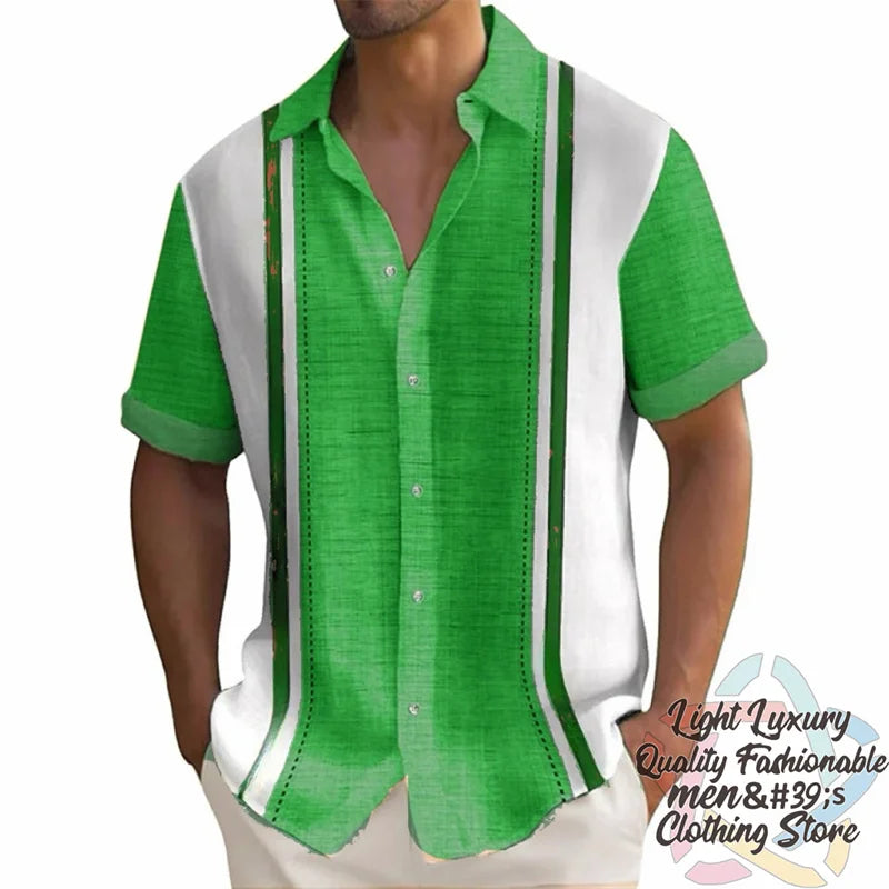 Men's summer striped linen Hawaiian shirt by Ansoff, short-sleeved, casual oversized button-up with collar, ideal for warm weather.