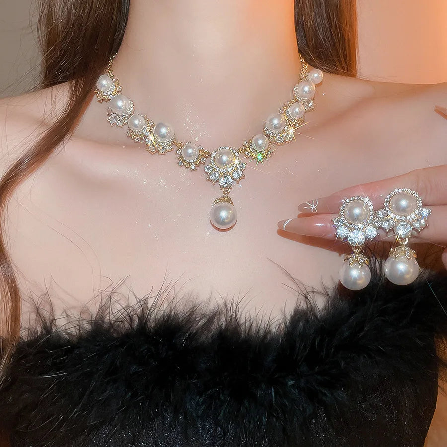 Imitation Pearl Pendant Earrings French Inlaid Shiny Rhinestones Pendnat Necklaces Elegant Woman for Wedding Party Jewelry Set K