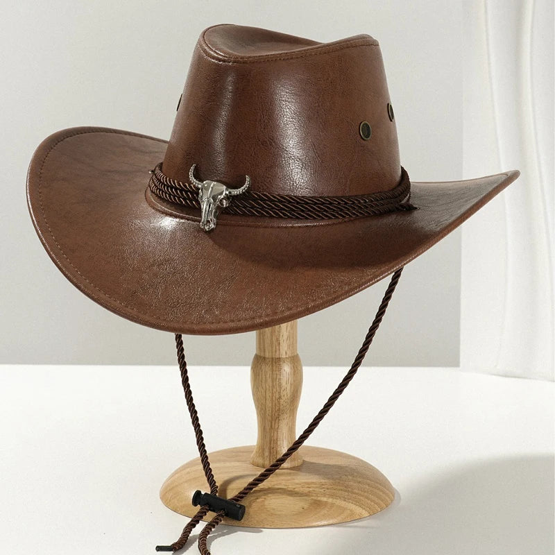 Vintage faux leather cowboy hat by Ansoff, featuring Western style for men and women, perfect for outdoor cowboy or jazz outfits.