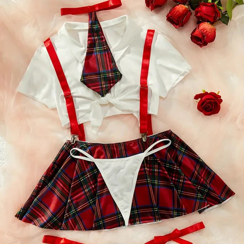 Ansoff sexy women's lingerie uniform suit featuring a plaid skirt, bow knot straps, and role-playing underwear for women.