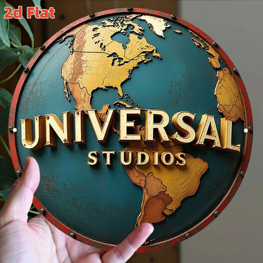 Vintage Metal Wall Art - Studios Logo  Aluminum Tin Sign with World Map Design, Rustic Indoor Decor for Home, Bar, Cafe,Garage