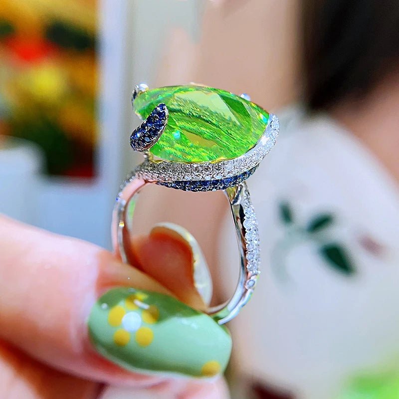 2026 new luxury large-cushion bright green artificial tourmaline ring, women's engagement ring, colored gemstone, adjustable des