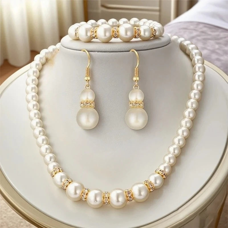 High Quality Luxury Elegant Simulated Pearl Necklace Earrings Bracelet Sets Women Bridal Banquet Wedding Fashion Jewelry Gifts