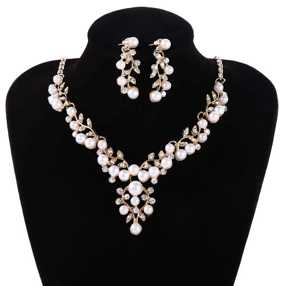Charm Gifts Party Imitation Pearl Necklace Crystal Engagement Simulated Earrings Silver Plated Jewelry Sets Wedding Bridal