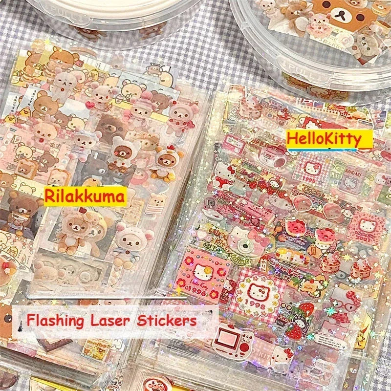Set of 5 colorful Hello Kitty and Rilakkuma cartoon die-cut stickers featuring cute cat and anime designs on glossy material.