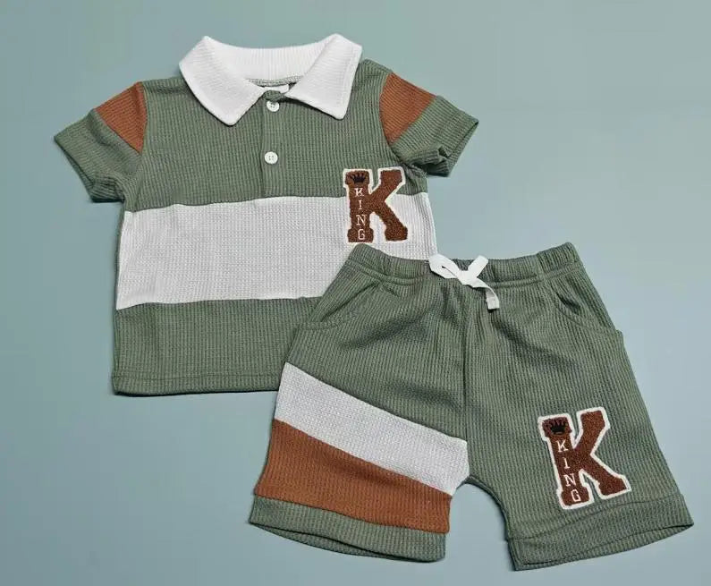 Baby Clothing Boys Summer Outfits Patchwork Waffle Short Sleeves T-Shirt Set Toddler Children Clothes