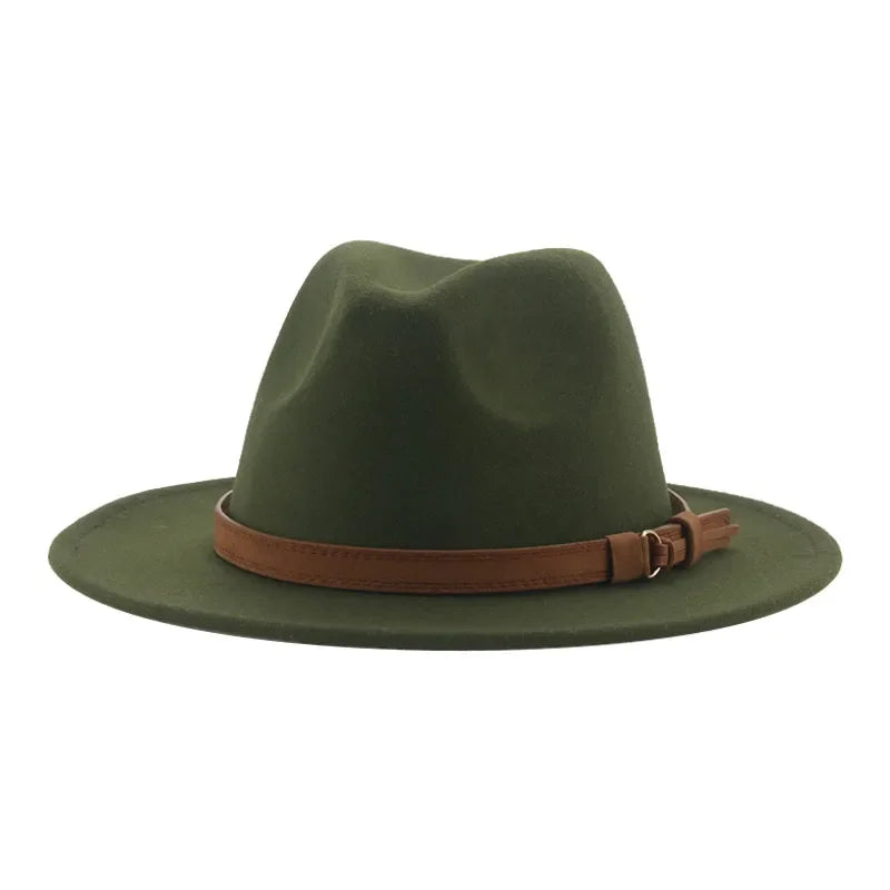 Ansoff fedora hat with wide brim, solid color in khaki or black, featuring a band and belt, suitable for women and men in winter style.
