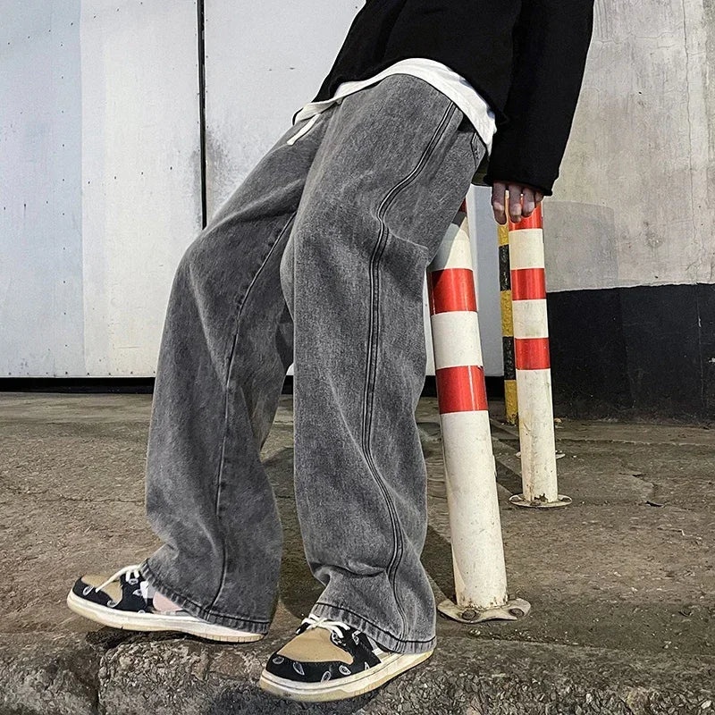 Men's loose streetwear jeans by Ansoff, Korean style wide-leg straight pants in black and light blue denim.