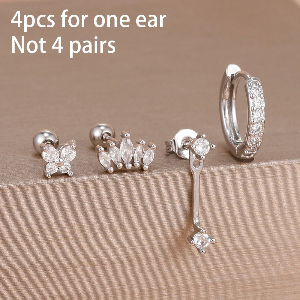 4PCS Stainless Steel Circle Huggie Hoop Earrings Set for Women Gold Color Unique Zircon Flower Stud Earring Piercing Jewelry