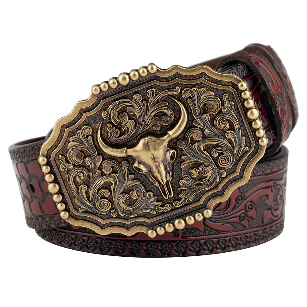 Cow Head Buckle Bronze Embossed Leather Belt