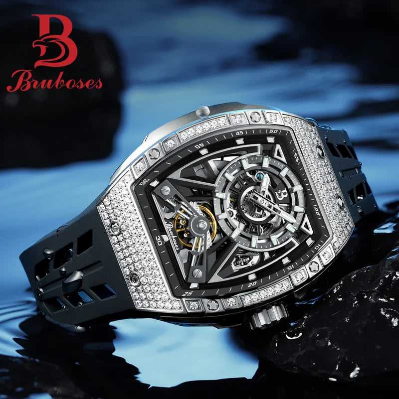 Men Mechanical Winding Watch Montre Homme 2024 New BRUBOSES 5ATM Water Resistant Luminous Tonneau Quartz Wristwatch WIth Diamond - Acros