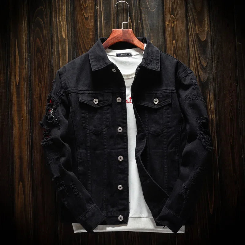 Men's slim fit denim jean jacket by Ansoff with ripped holes, in red, white, and black, featuring stylish streetwear outerwear design.