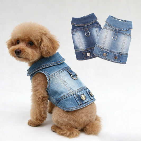 Ansoff 2024 thin pet dog jeans jacket with leash traction buckle, denim harness vest for small to medium dogs, stylish and cool.