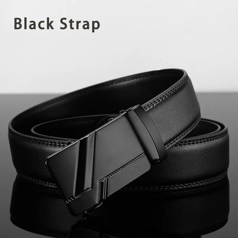 Men's black leather belt with metal automatic buckle by Ansoff, high-quality luxury business belt with PU strap for work or formal wear.