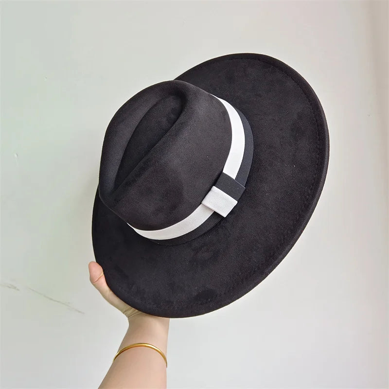 Colorblock ribbon suede felt hat for women and men, wide brim autumn and winter British-style retro fashion by Ansoff.