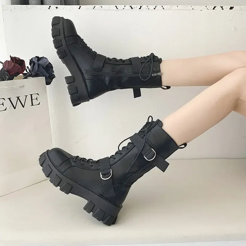 Ansoff women's leather motorcycle boots with high platform soles, non-slip grip, and stylish high-top design for women.