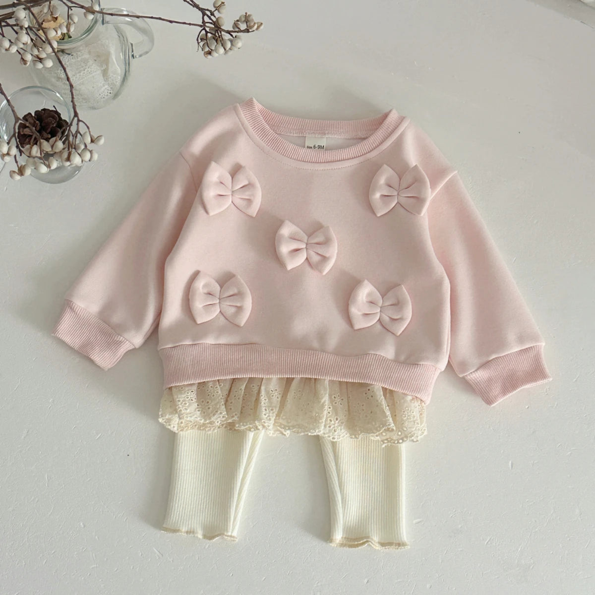 Cotton Baby Girl Clothing Bow Decoration Lace Hem Sweatshirt Elastic Waistband Pants Clothes Fall Outfits Baby Clothes for Newbo