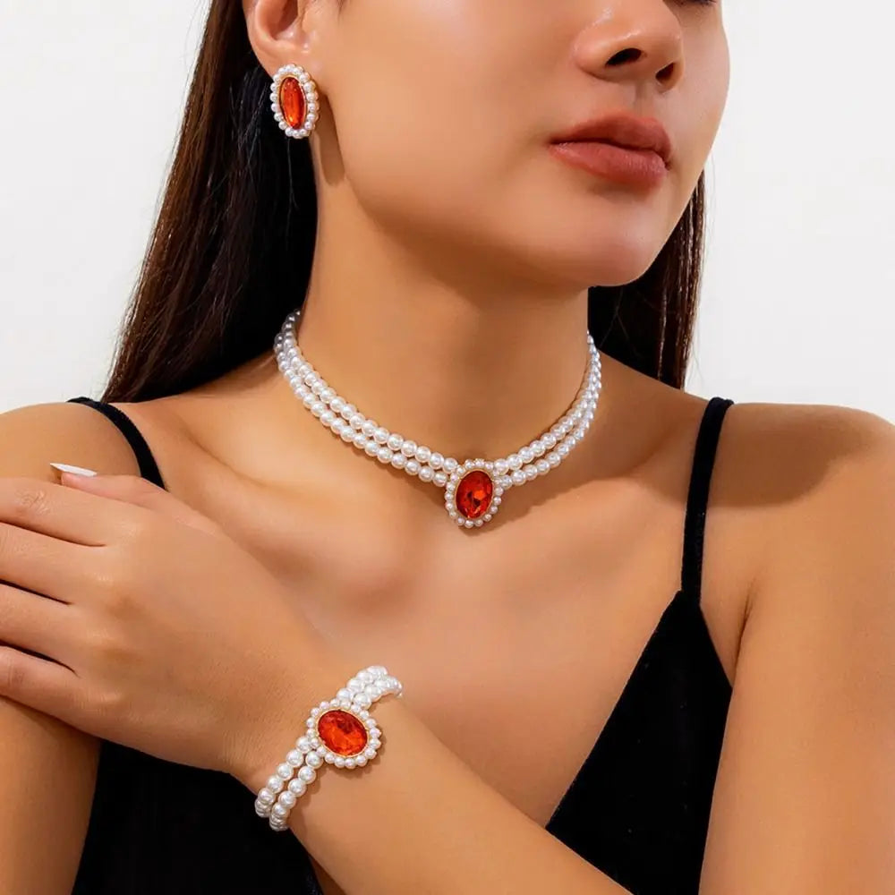 Rhinestones Pearl Jewelry Sets Multi-layer Bead Necklace Bracelet Earring Set Luxury Imitation Gem Bridal Jewelry Sets Party