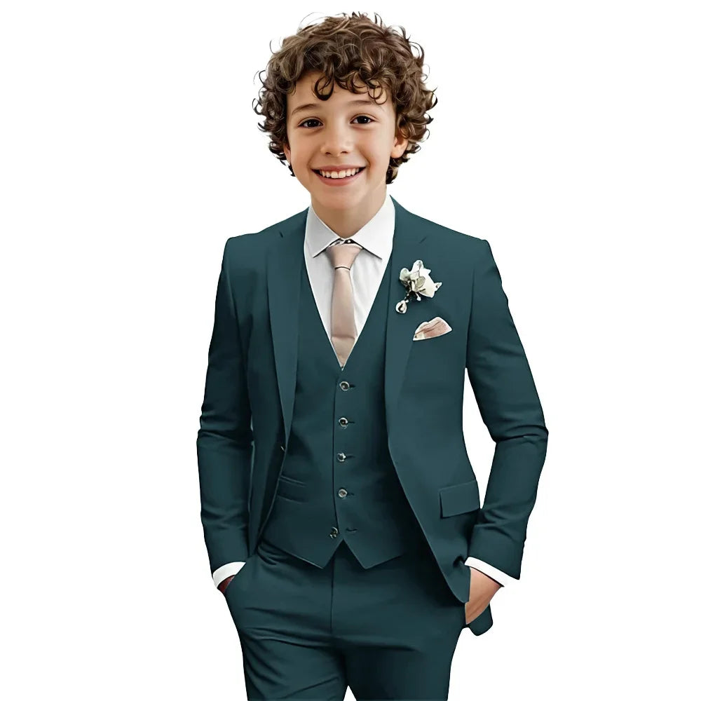 Multi-color boys' suit set by Ansoff with a formal tuxedo style, notched lapel, slim fit, 3-piece party outfit for kids 2-20T.