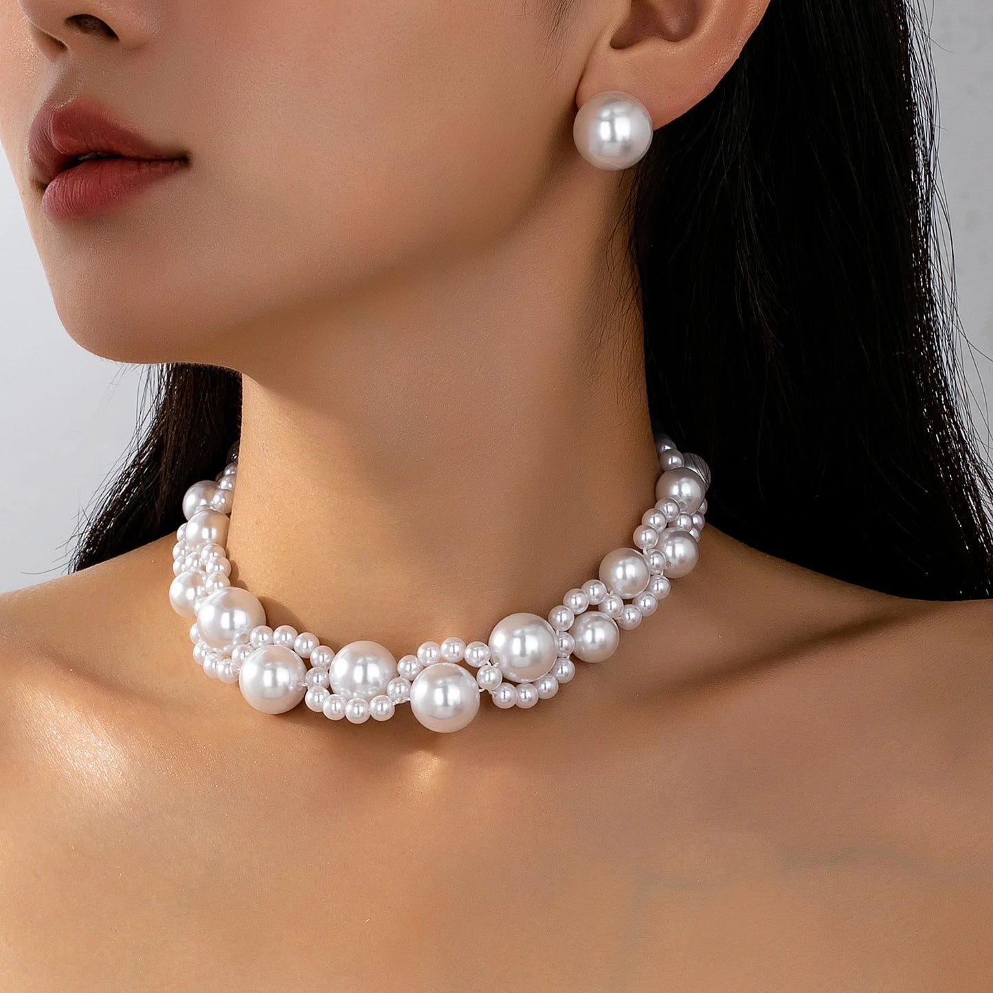 Temperament Pearl Necklace Stud Earrings Necklace Set For Women Girls Banquet Wedding Wear Party Retro Elegant BS054
