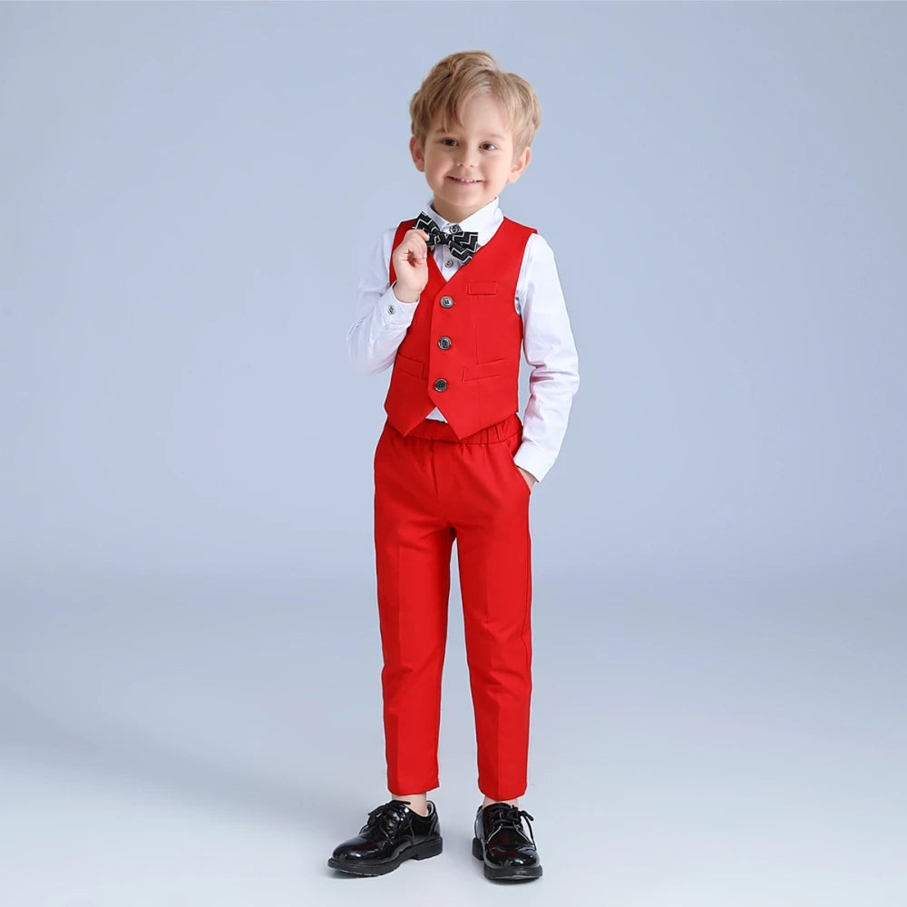 Red kids suit set by Ansoff featuring elegant boys' suits for Christmas, New Year, school events, and piano performances.