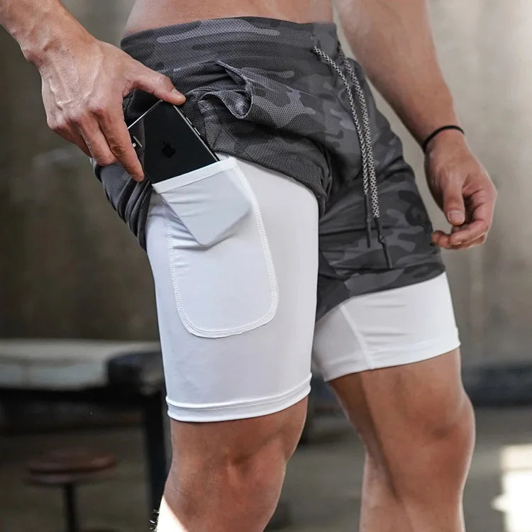 Men's camo running shorts by Ansoff, 2-in-1 gym sports shorts with quick-dry fabric, suitable for workout, jogging, and summer fitness.