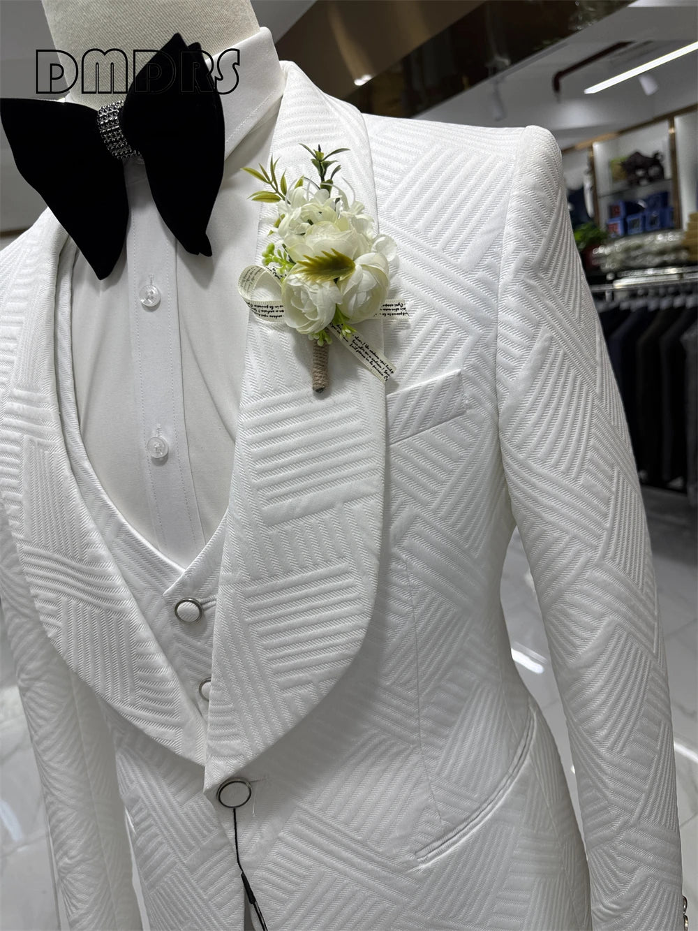 Ansoff men's wedding suit set featuring a one-button shawl neck blazer, matching vest, and pants in a high-quality three-piece design.