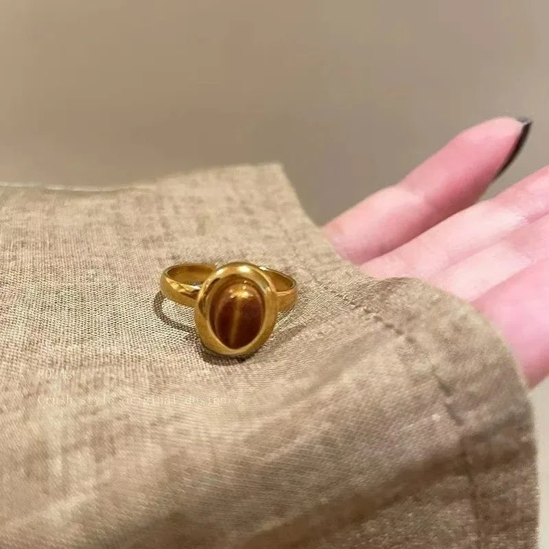 Retro Brown Stone Rings for Women - Irregular Gold Color Adjustable Ring Fashion Jewelry Gifts - Acros
