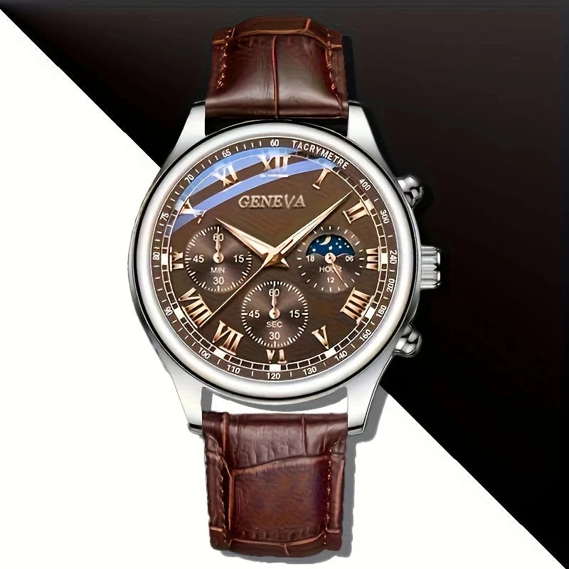 GENEVA High Quality Men's Luxury Belt Fashion Quartz Watch Men Round Business Student Sport Waterproof Glow Clock - Acros