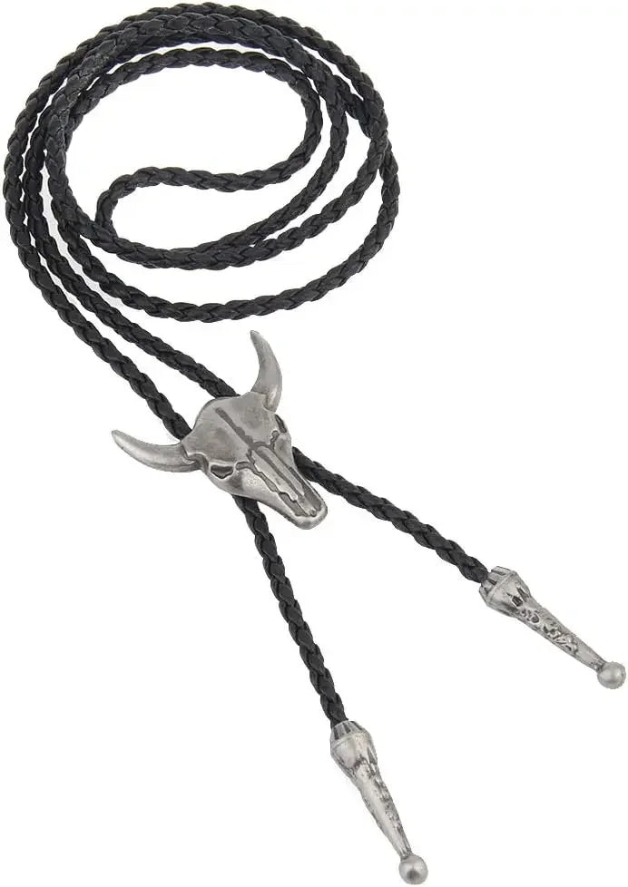 Adjustable cowboy bolo tie with bull head pendant, five-star design, faux leather cord, perfect for rodeo dance or western style.