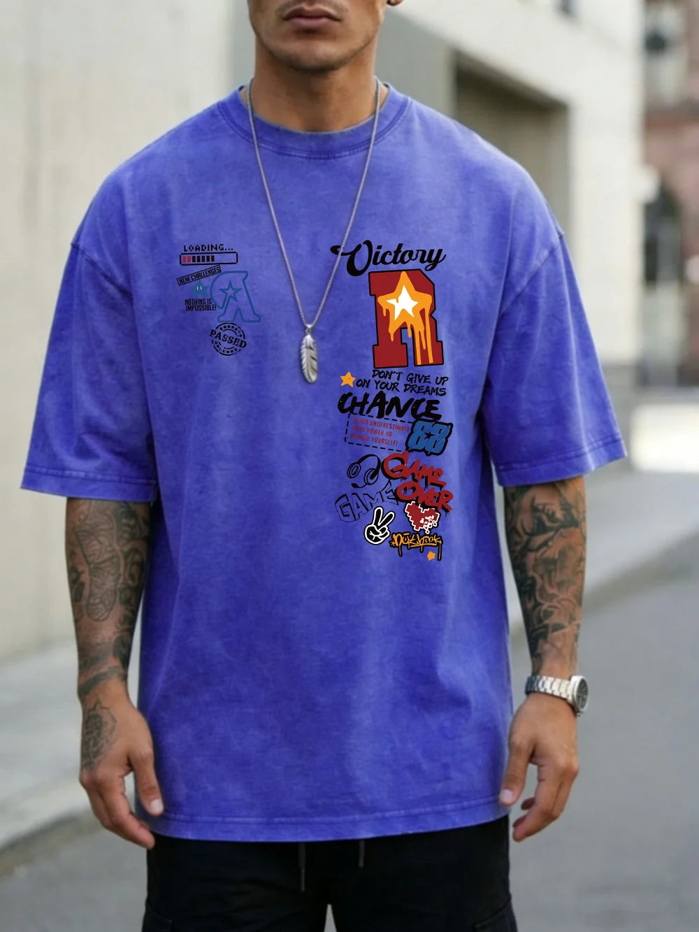 Men's oversized cotton sports letter jersey print T-shirt with washed finish, short sleeves, O-neck, casual summer top by Ansoff.