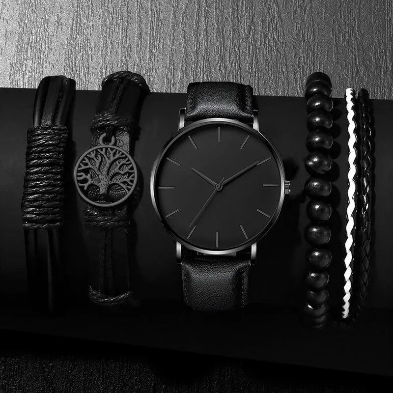 5PCS Set Fashion Mens Sports Watches Man Business Quartz Wristwatch Luxury Leather Bracelet Men Casual Clock Watch - Acros
