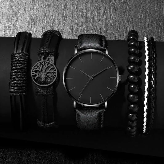 5PCS Set Fashion Mens Sports Watches Man Business Quartz Wristwatch Luxury Leather Bracelet Men Casual Clock Watch - Acros