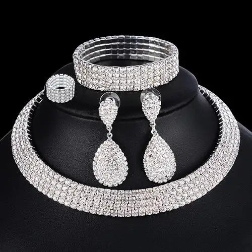 Wedding Bridal Jewelry Set String of Pearls Prom Silver Color Crystal Bracelet Necklace Earrings for Women jewellery sets