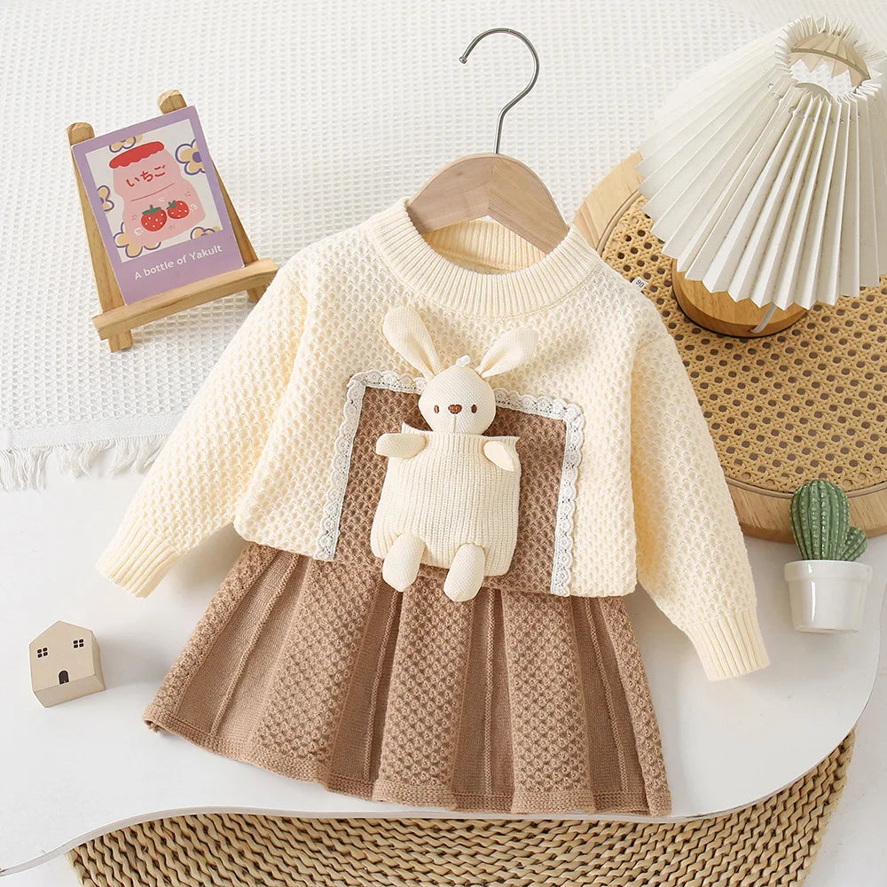 Children's Clothing Sets Bunny Embellished Knitted Top + Pleated Skirt Winter Baby Girl Clothes Kids Knitwear Sweater