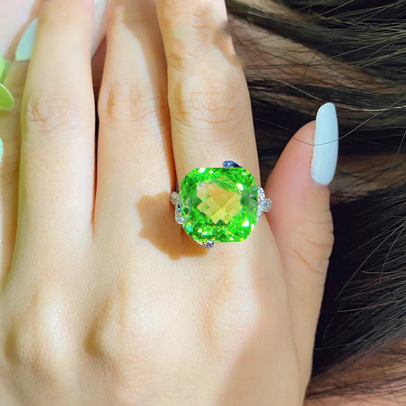 2026 new luxury large-cushion bright green artificial tourmaline ring, women's engagement ring, colored gemstone, adjustable des