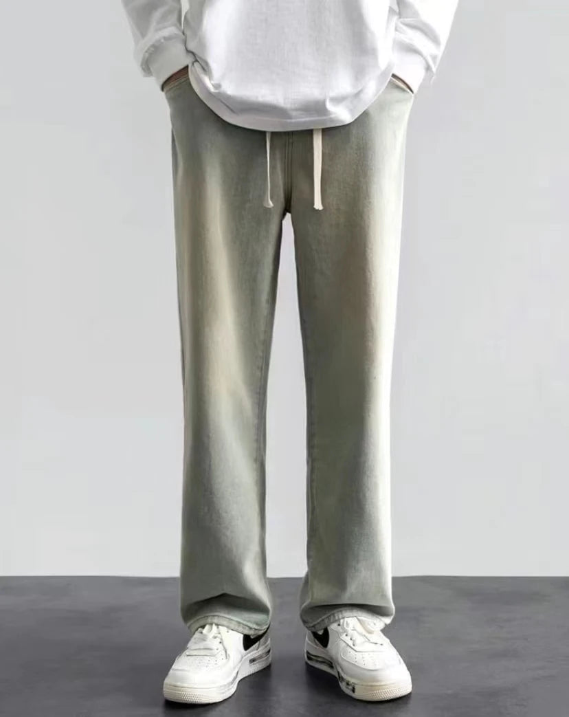 Men's loose streetwear jeans by Ansoff, Korean style wide-leg straight pants in black and light blue colors.