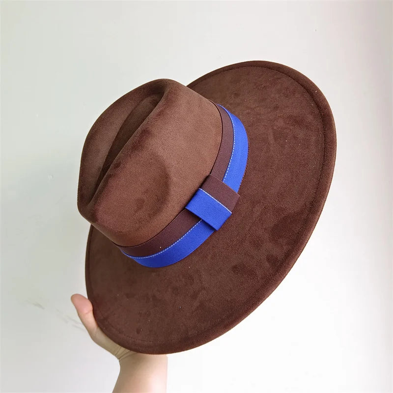 Colorblock ribbon suede felt hat for women and men, British style wide brim autumn and winter fashion accessory by Ansoff