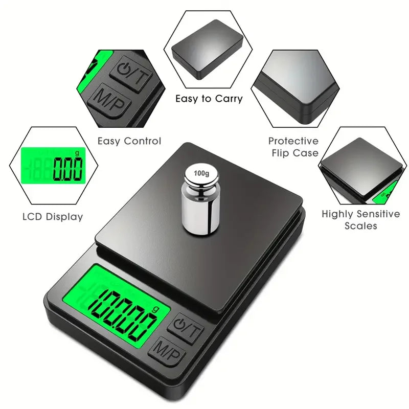 Ansoff Precision Pocket Scale showing 1000g capacity, digital display with backlit LCD, compact portable design for food and jewelry weighing